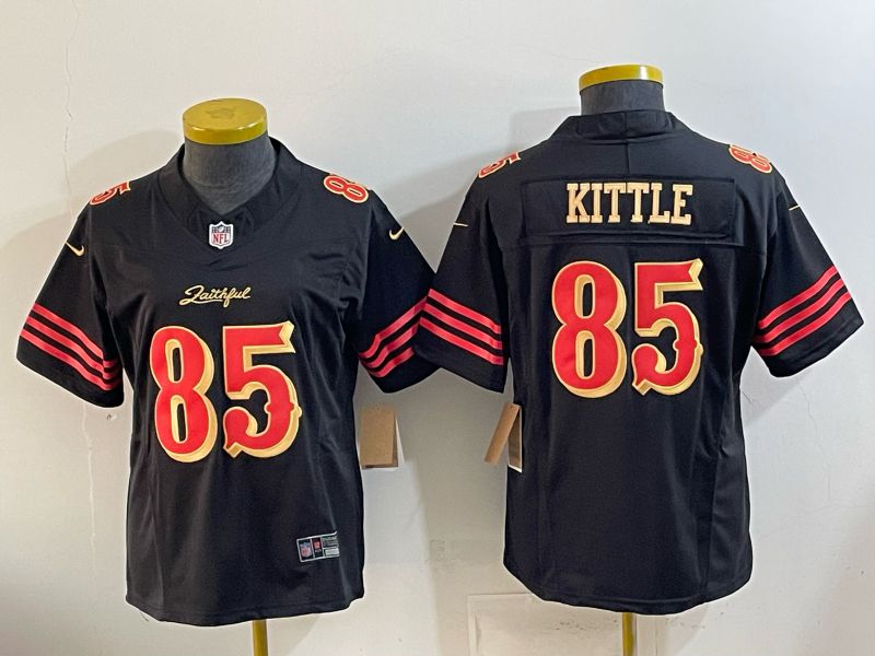Women 2026 San Francisco 49ers #85 Kittle Black gold Nike Limited NFL Jersey style 01